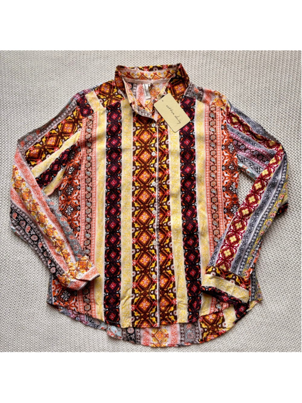 Retro Boho Stripe Button Down Multi Patterned Top NWT-Cotton Daisy -Large